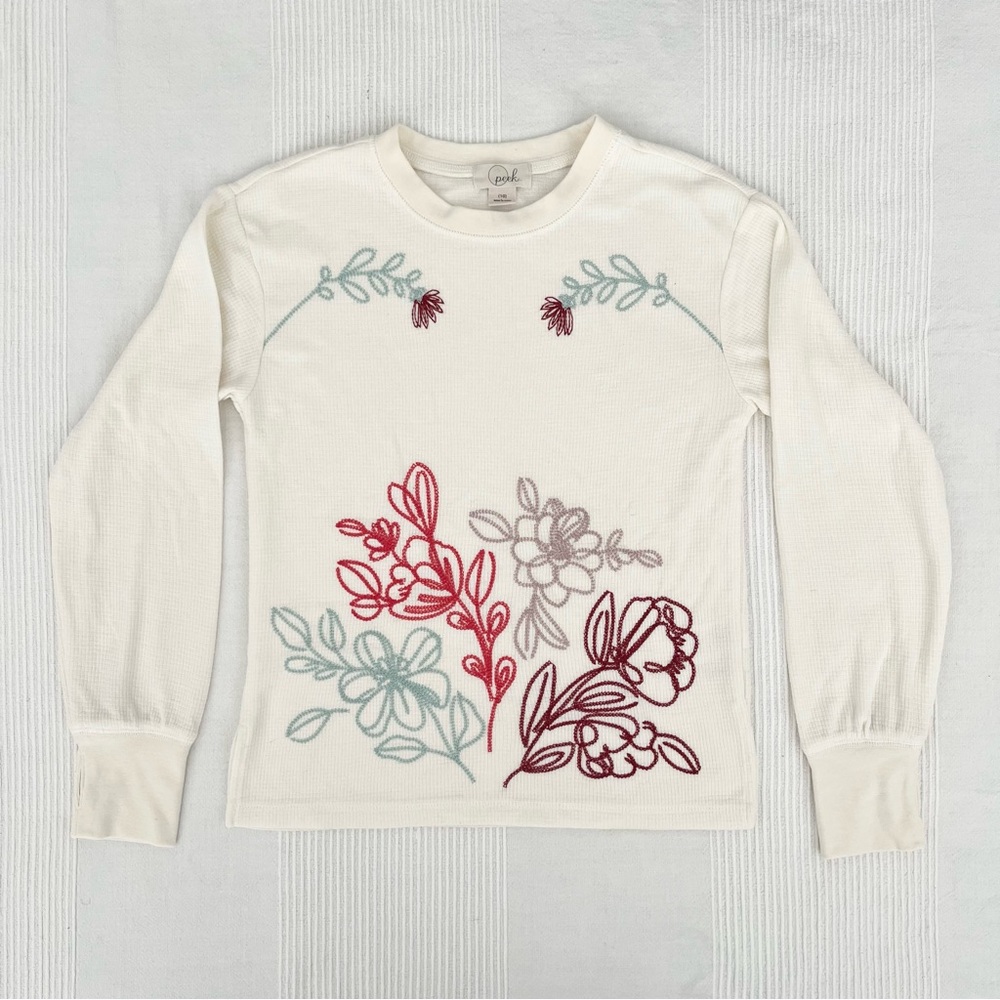 NWOT Peek Girls Waffle Knit Long Sleeve Top 10Y Ivory Embroidered Flowers Spring